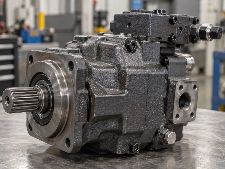Industrial hydraulic axial piston pump nameplate tag displaying complete model code and specifications Industrial hydraulic axial piston pump nameplate tag displaying complete model code and specifications