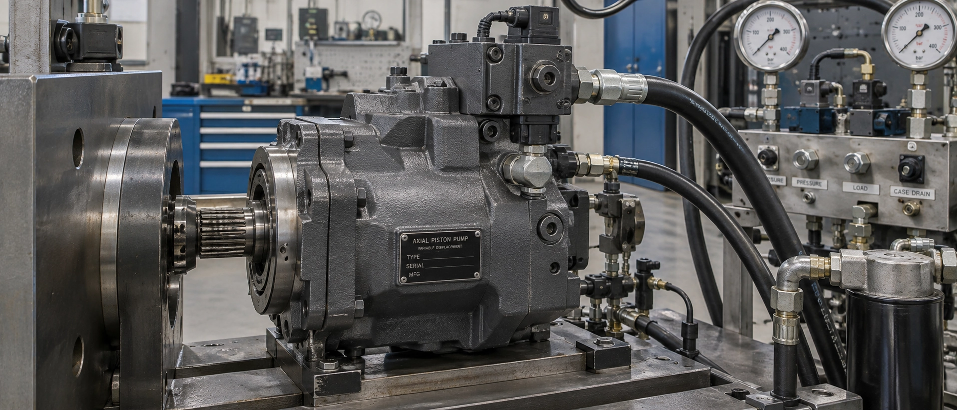 Engineered hydraulic machinery components showcasing industrial axial piston variable displacement pump setup Engineered hydraulic machinery components showcasing industrial axial piston variable displacement pump setup