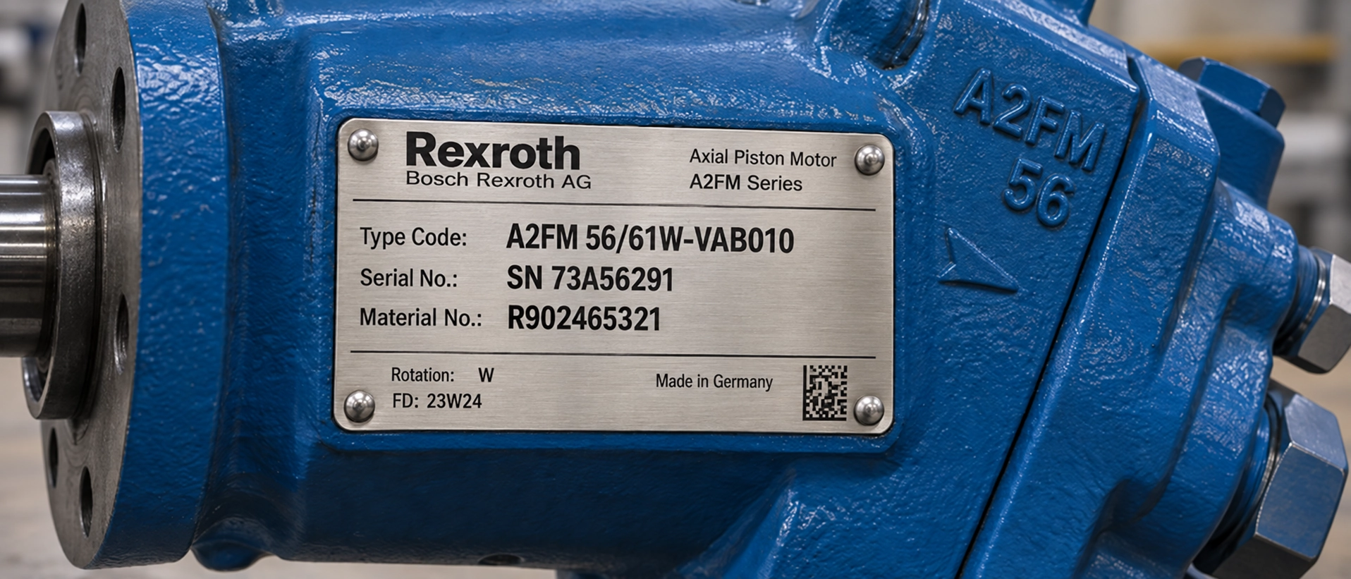 Hydraulic motor nameplate showing type code, serial number, and material number for accurate A2FM model code identification Hydraulic motor nameplate showing type code, serial number, and material number for accurate A2FM model code identification