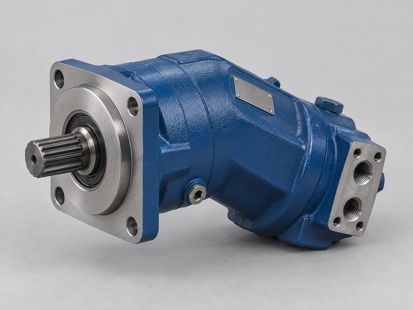 Cross-section cutaway diagram of a bent-axis fixed displacement axial piston motor showing cylinder block, drive shaft splines, and internal components Cross-section cutaway diagram of a bent-axis fixed displacement axial piston motor showing cylinder block, drive shaft splines, and internal components