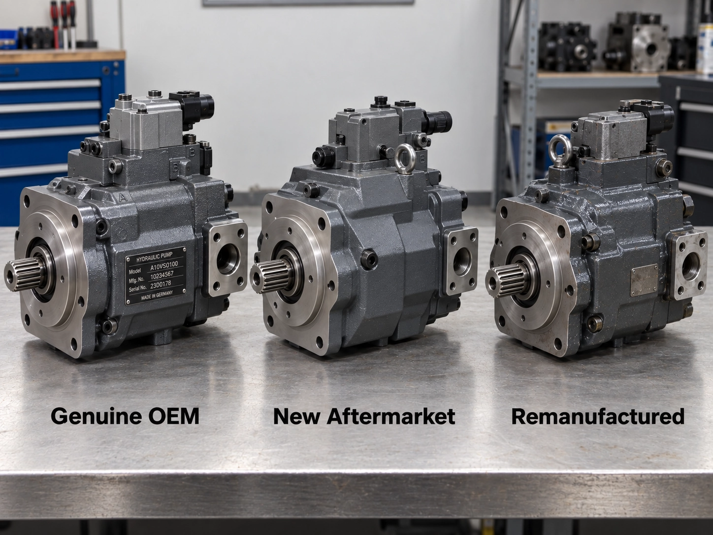 Original vs aftermarket hydraulic pump comparison: a genuine OEM axial piston pump, a new aftermarket interchangeable will-fit pump and a remanufactured rebuilt hydraulic pump shown side by side Original vs aftermarket hydraulic pump comparison: a genuine OEM axial piston pump, a new aftermarket interchangeable will-fit pump and a remanufactured rebuilt hydraulic pump shown side by side