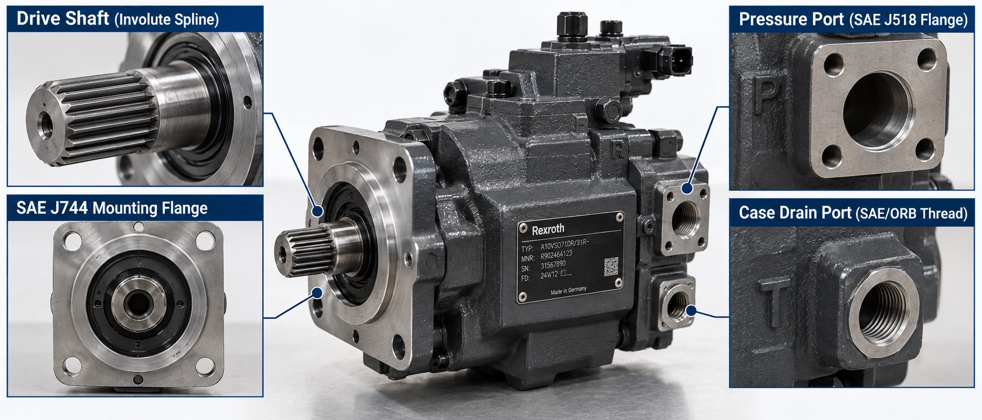 Aftermarket hydraulic pump drive shaft with involute spline and SAE J744 mounting flange, showing the shaft, flange and port interfaces that must match the original pump before ordering a replacement Aftermarket hydraulic pump drive shaft with involute spline and SAE J744 mounting flange, showing the shaft, flange and port interfaces that must match the original pump before ordering a replacement