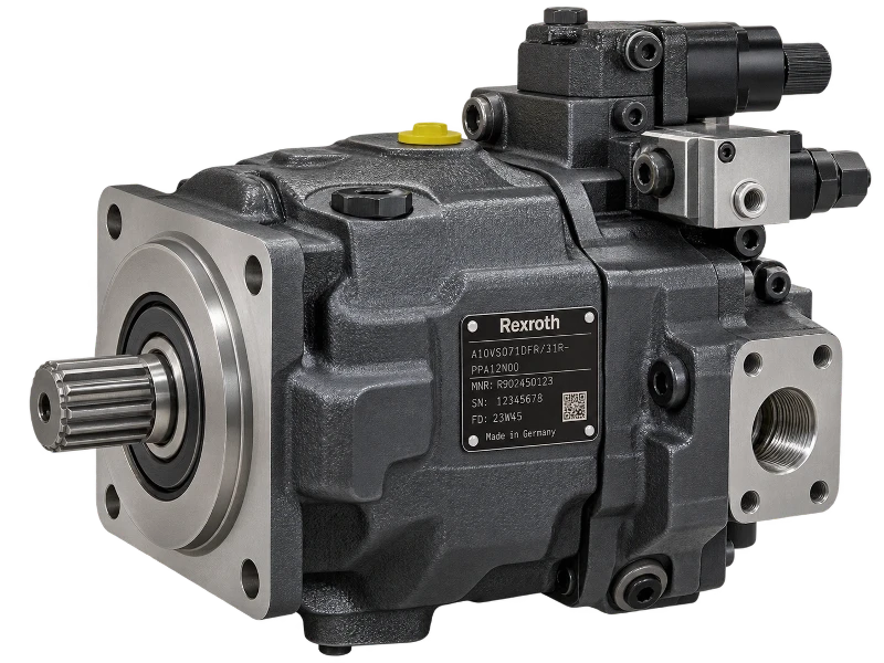 Generic axial piston hydraulic pump identification illustration showing its metal nameplate, main housing, front mounting flange, exposed drive shaft, visible oil port openings and attached regulator Generic axial piston hydraulic pump identification illustration showing its metal nameplate, main housing, front mounting flange, exposed drive shaft, visible oil port openings and attached regulator