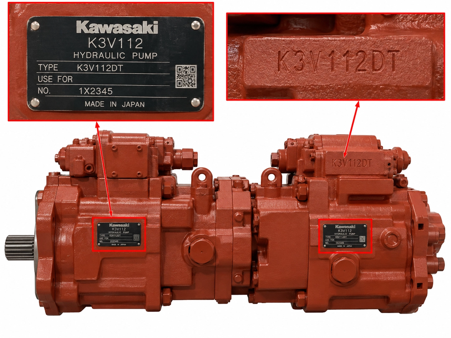 Kawasaki K3V112 hydraulic pump nameplate and model code identification tag on double tandem pump assembly