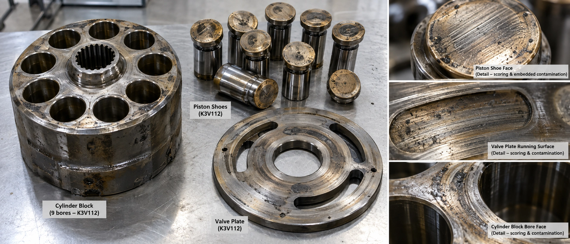 Inspection of worn K3V112 cylinder block piston shoe face and valve plate scoring from hydraulic oil contamination Inspection of worn K3V112 cylinder block piston shoe face and valve plate scoring from hydraulic oil contamination