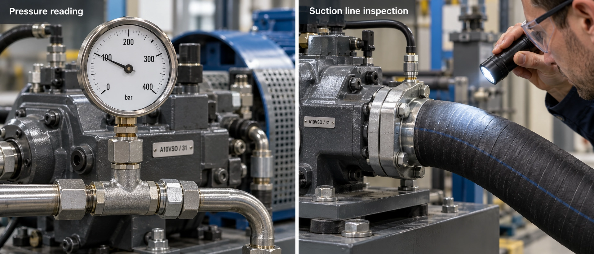 Hydraulic system troubleshooting pressure gauge readings and suction line inspection for A10VSO pump wear assessment Hydraulic system troubleshooting pressure gauge readings and suction line inspection for A10VSO pump wear assessment