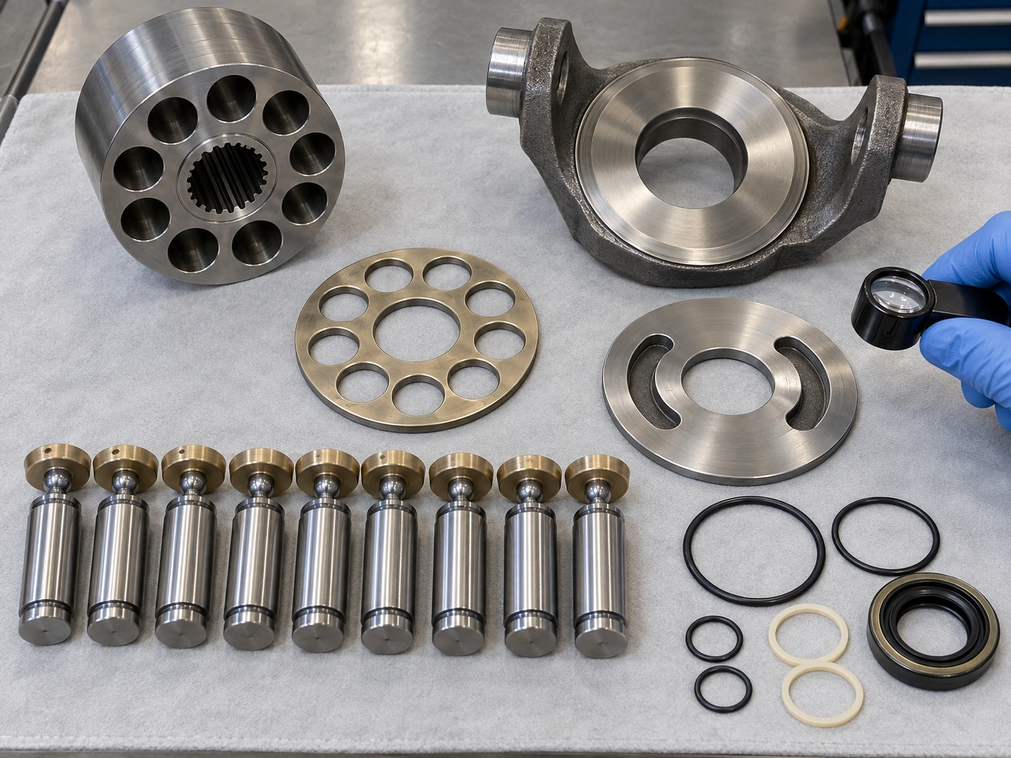 Disassembled axial piston pump rotary group pistons swash plate valve plate and seal kit components inspection Disassembled axial piston pump rotary group pistons swash plate valve plate and seal kit components inspection