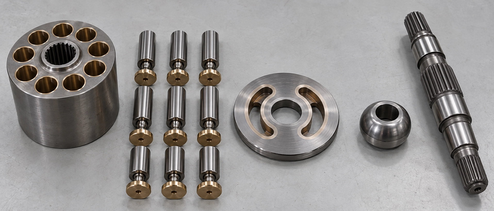 Disassembled components of an A4VSO axial piston pump rotary group including cylinder block, pistons with slipper pads, valve distributor plate, ball guide, and drive shaft Disassembled components of an A4VSO axial piston pump rotary group including cylinder block, pistons with slipper pads, valve distributor plate, ball guide, and drive shaft