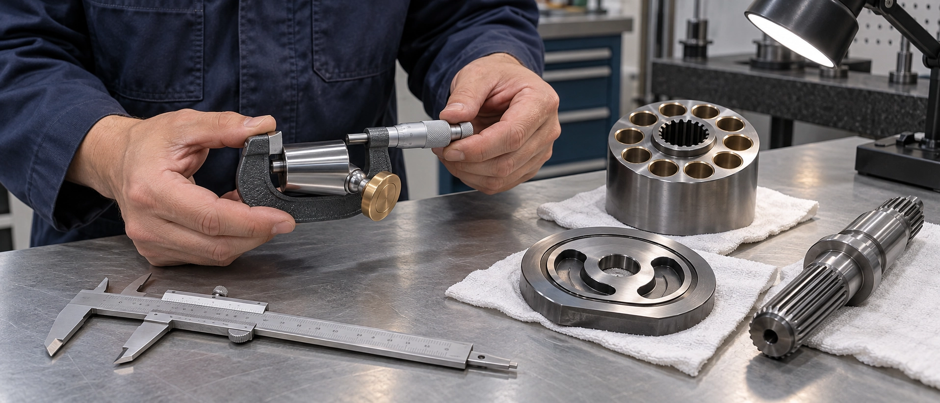 Hydraulic technician inspecting dimensional accuracy and surface finish of aftermarket A4VSO pump parts with micrometer and caliper tools Hydraulic technician inspecting dimensional accuracy and surface finish of aftermarket A4VSO pump parts with micrometer and caliper tools