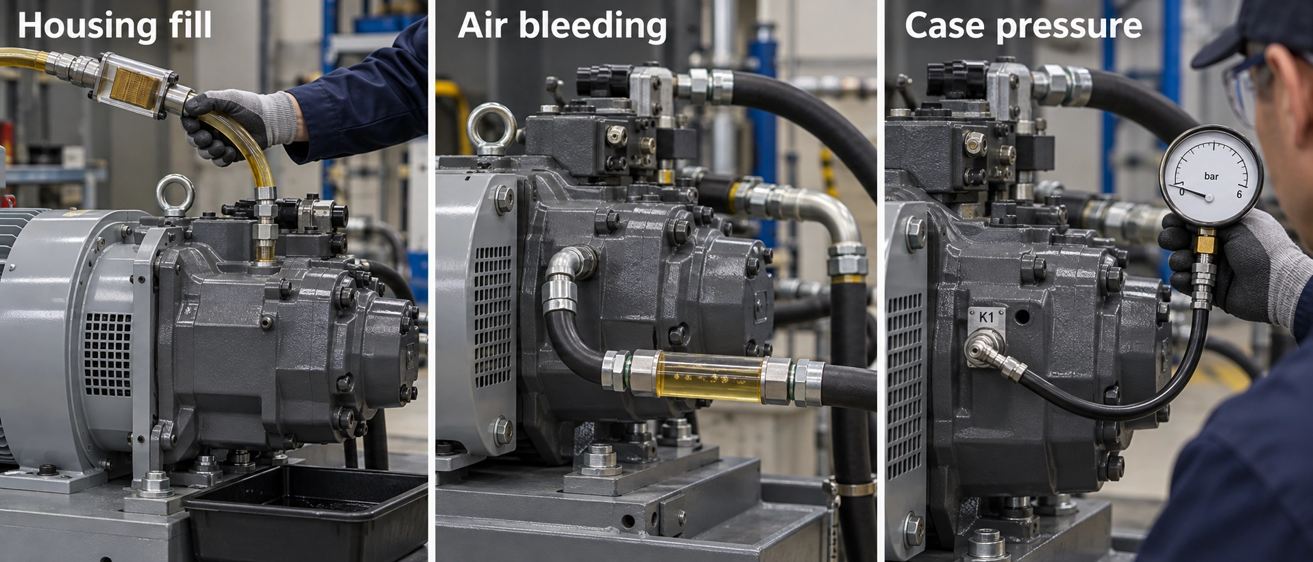 Commissioning an A4VSO hydraulic piston pump including filling housing with hydraulic oil, bleeding air bubbles, and testing case pressure Commissioning an A4VSO hydraulic piston pump including filling housing with hydraulic oil, bleeding air bubbles, and testing case pressure