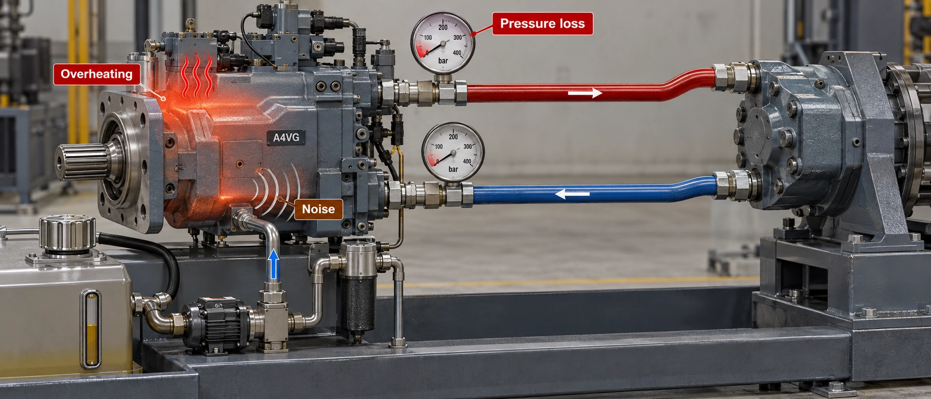 A4VG axial piston pump in a closed-circuit hydrostatic drive showing pressure loss, noise and overheating symptoms A4VG axial piston pump in a closed-circuit hydrostatic drive showing pressure loss, noise and overheating symptoms