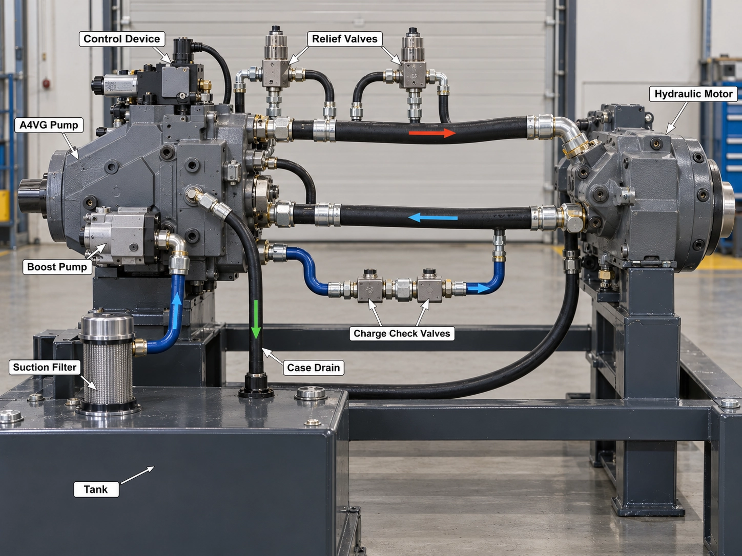 A4VG closed-circuit hydrostatic drive layout with boost pump, relief valves and control device