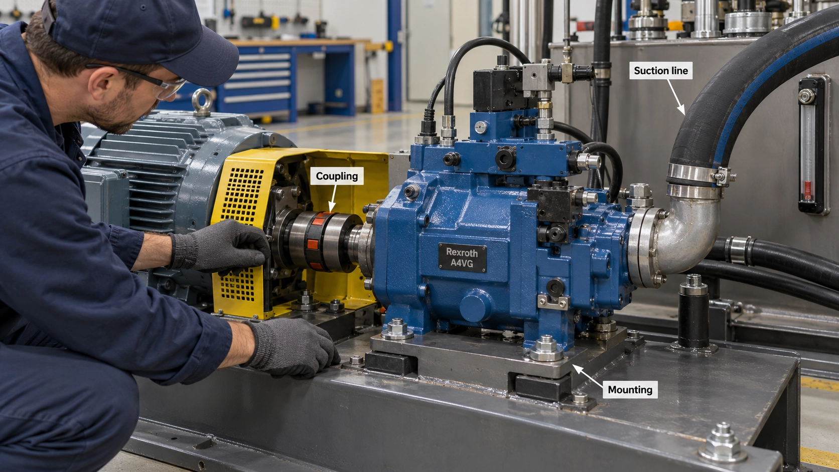Checking A4VG pump suction line, coupling and mounting when investigating noise and vibration Checking A4VG pump suction line, coupling and mounting when investigating noise and vibration