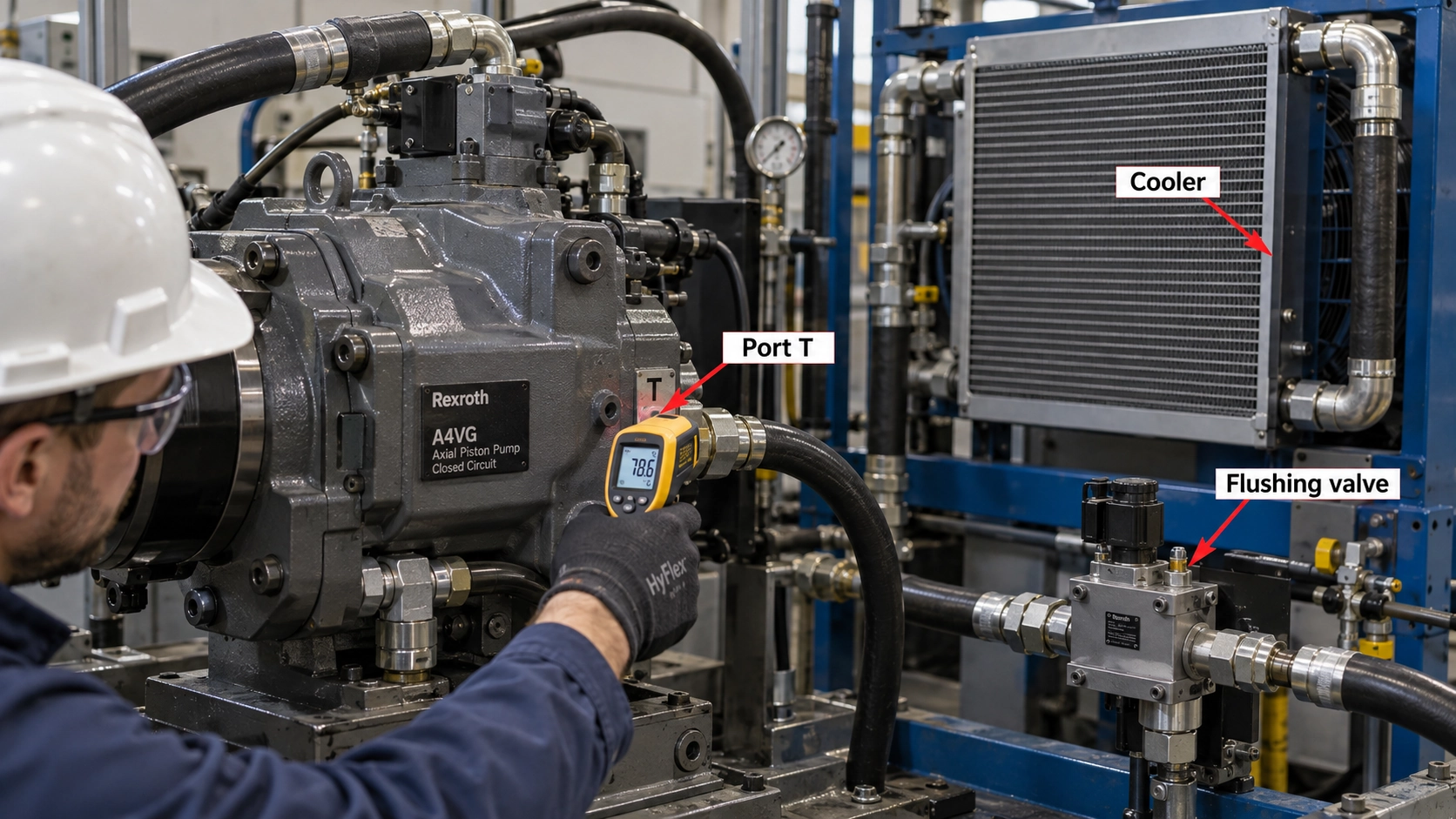 Measuring A4VG hydraulic fluid temperature at port T and checking cooler and flushing valve for overheating Measuring A4VG hydraulic fluid temperature at port T and checking cooler and flushing valve for overheating