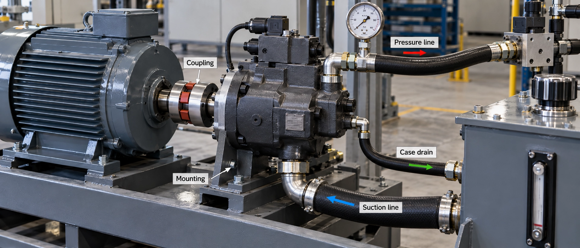 Hydraulic axial piston pump and installation overview for pressure-loss troubleshooting Hydraulic axial piston pump and installation overview for pressure-loss troubleshooting