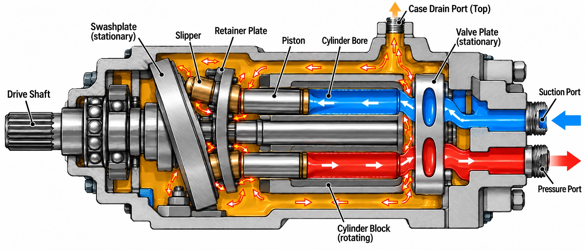 Cutaway diagram of a swashplate axial piston pump showing internal case drain leakage paths across the cylinder block, valve plate, slippers, swashplate, and piston cylinder bores Cutaway diagram of a swashplate axial piston pump showing internal case drain leakage paths across the cylinder block, valve plate, slippers, swashplate, and piston cylinder bores