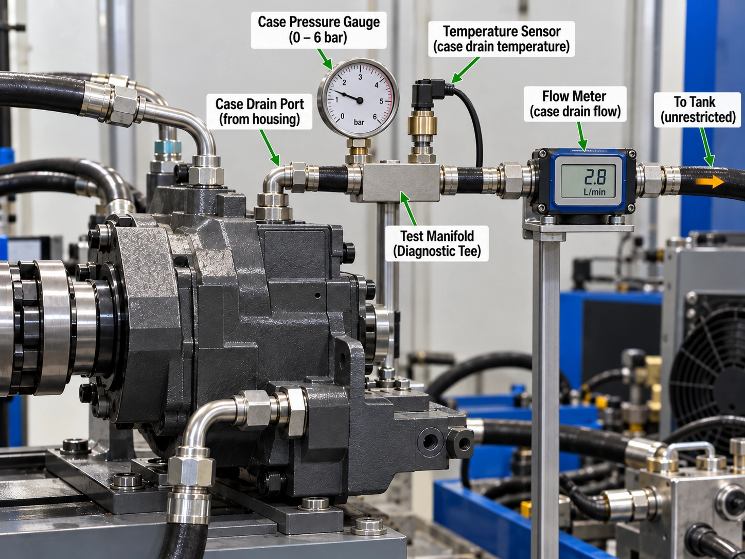 Hydraulic piston pump inline case drain flow measurement setup showing calibrated flow meter, housing case pressure gauge, temperature sensor, and unrestricted drain line