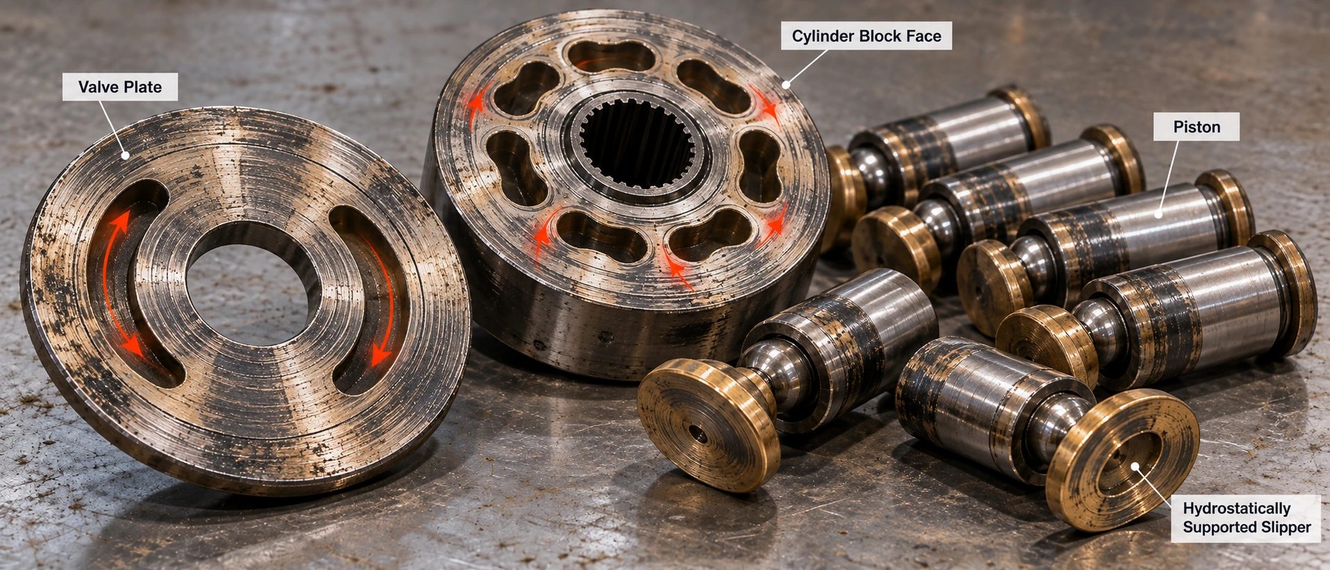 Worn axial piston pump rotating group components showing scored valve plate, cylinder block face, hydrostatically supported slippers, and pistons causing excessive case drain Worn axial piston pump rotating group components showing scored valve plate, cylinder block face, hydrostatically supported slippers, and pistons causing excessive case drain
