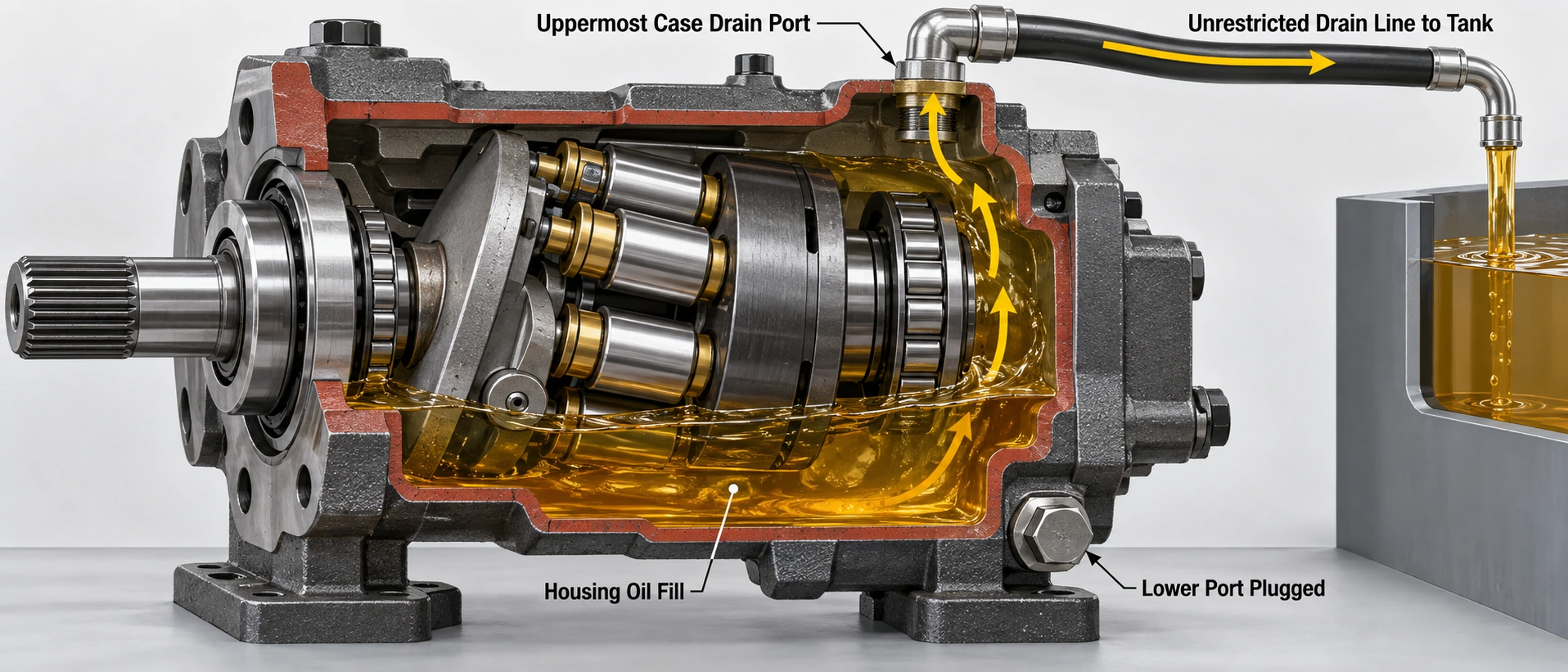Hydraulic piston pump case drain line installation diagram illustrating uppermost drain port orientation to maintain housing oil fill and prevent excessive case pressure Hydraulic piston pump case drain line installation diagram illustrating uppermost drain port orientation to maintain housing oil fill and prevent excessive case pressure
