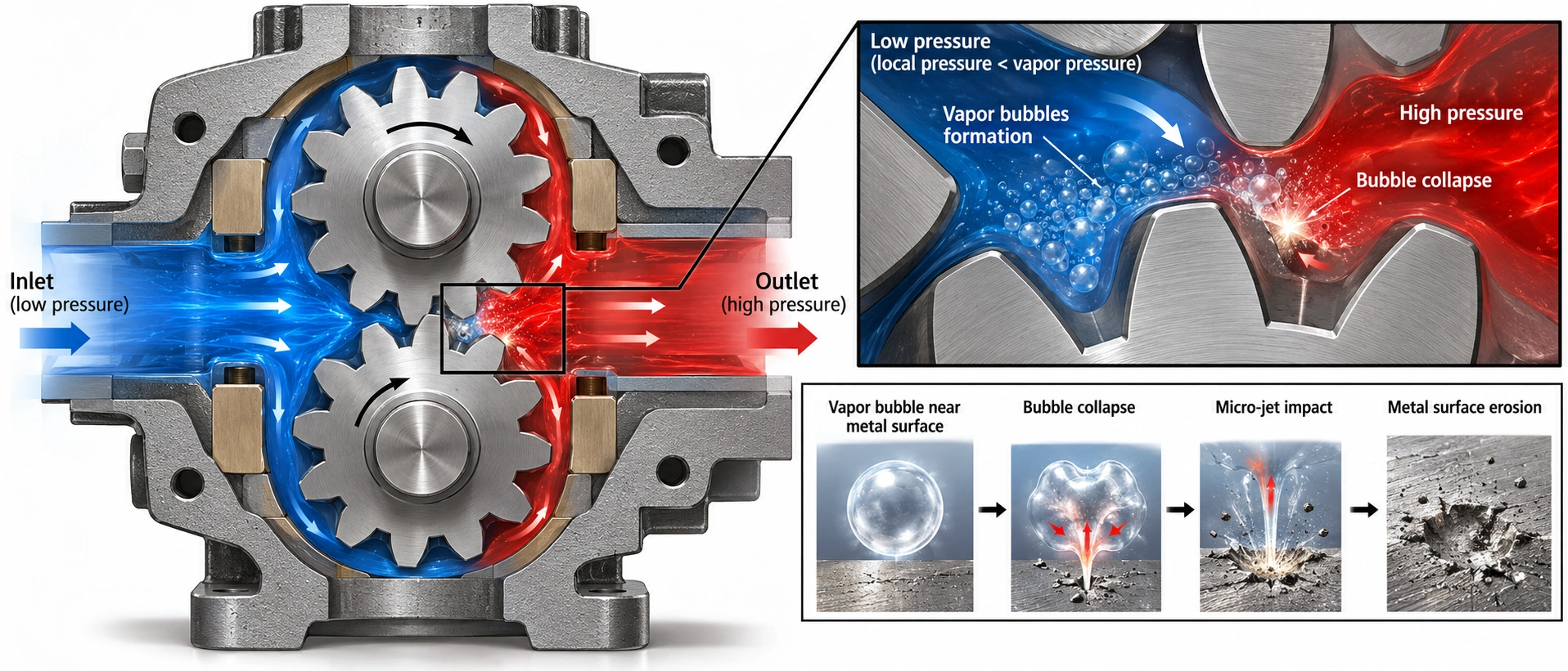 Detailed diagram illustrating hydraulic pump cavitation mechanisms, vapor bubble formation, and metal surface erosion inside industrial positive-displacement pumps Detailed diagram illustrating hydraulic pump cavitation mechanisms, vapor bubble formation, and metal surface erosion inside industrial positive-displacement pumps
