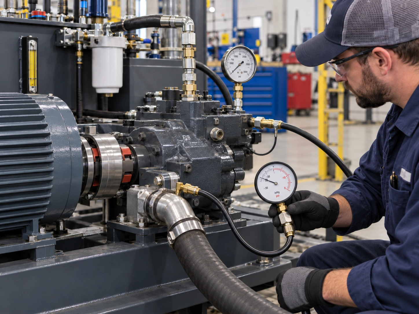 Technician performing professional diagnostic inspection on industrial hydraulic pump suction line and pressure test ports.