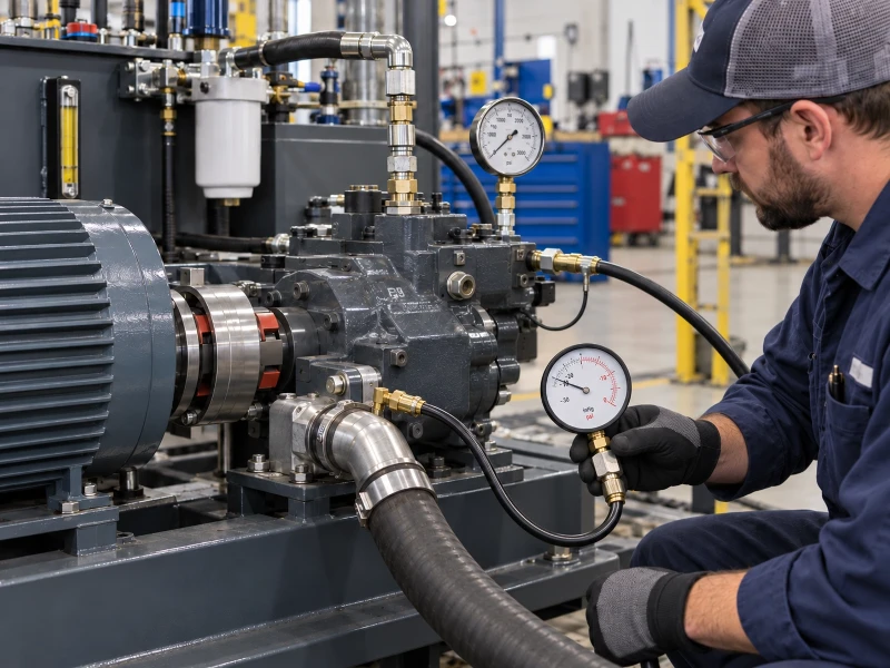 Technician performing professional diagnostic inspection on industrial hydraulic pump suction line and pressure test ports. Technician performing professional diagnostic inspection on industrial hydraulic pump suction line and pressure test ports.