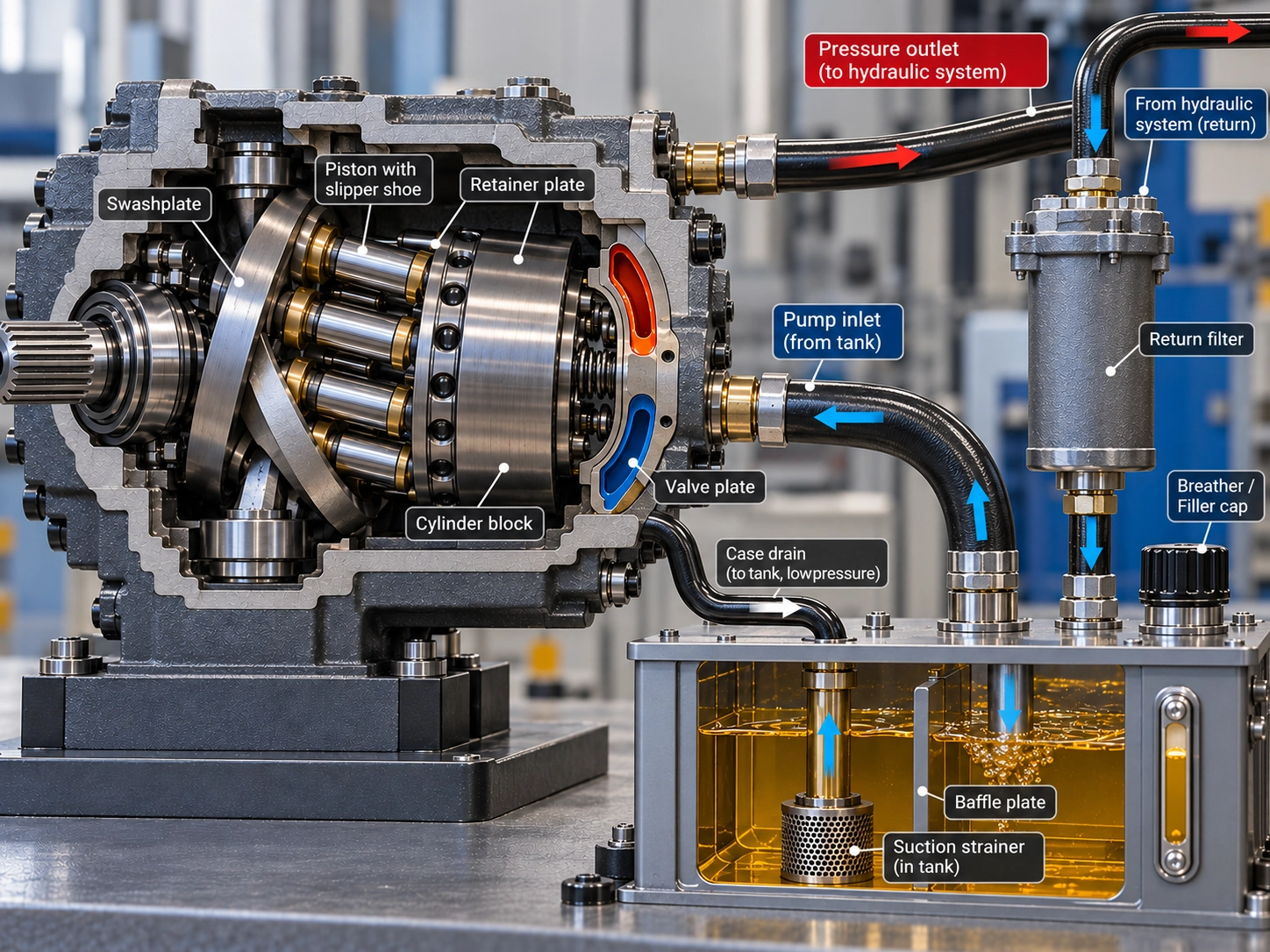 Precision axial piston pump swashplate and cylinder block components protected by hydraulic fluid filtration systems