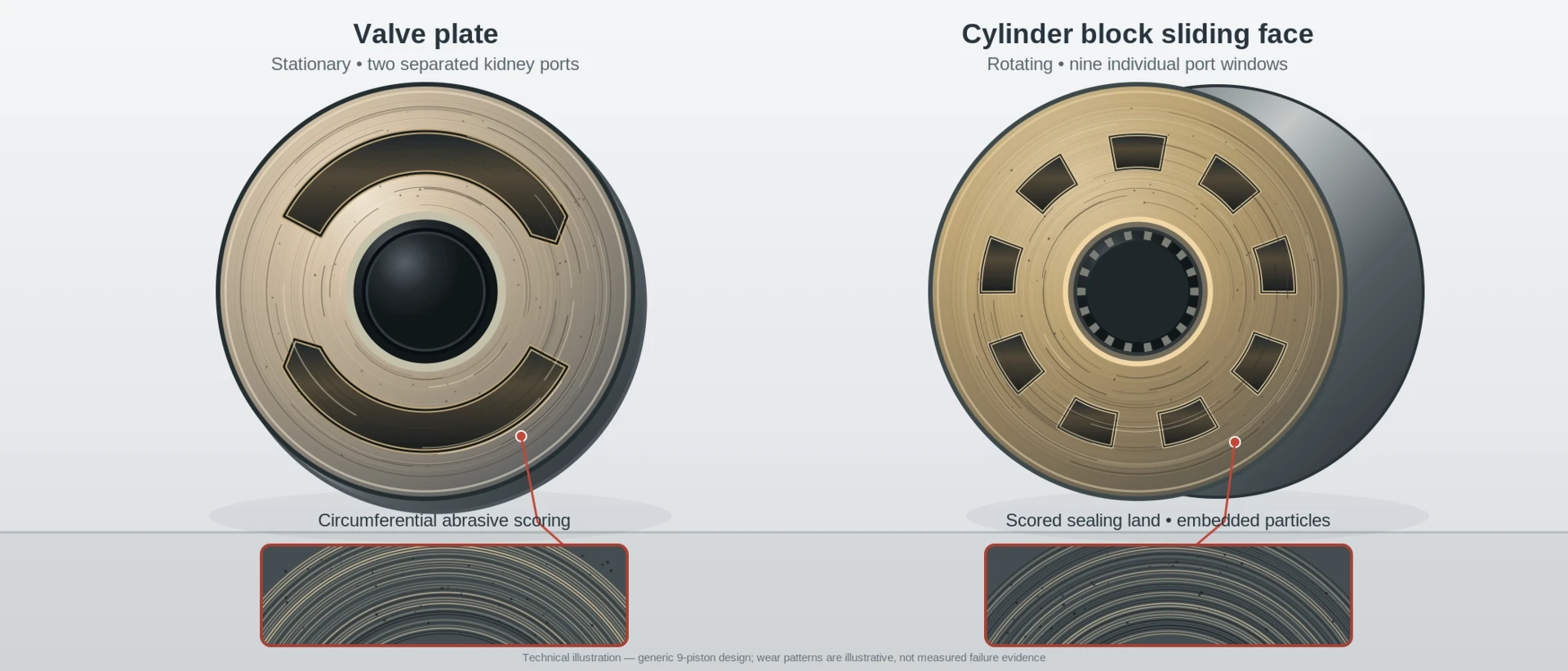 Machined valve plate and rotating cylinder block sliding face showing abrasive wear and surface scoring from solid particulate contamination Machined valve plate and rotating cylinder block sliding face showing abrasive wear and surface scoring from solid particulate contamination