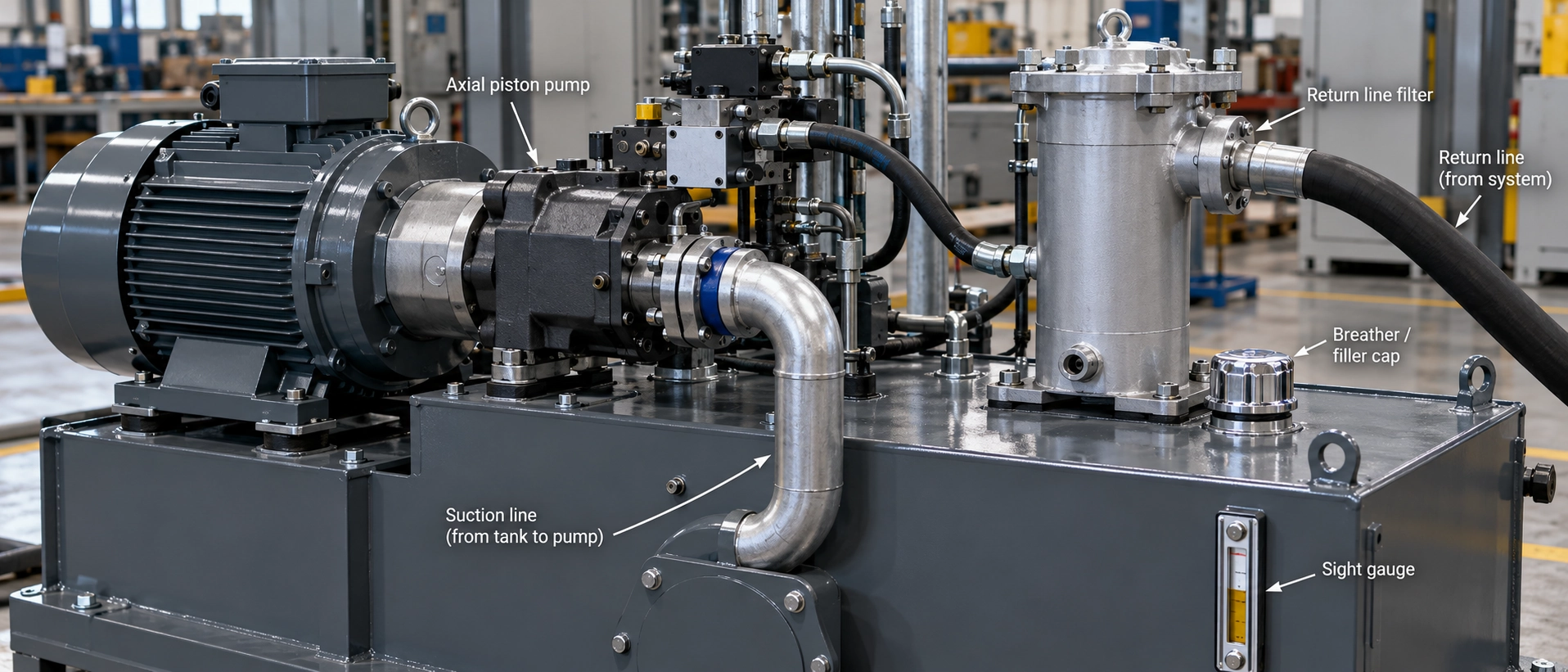 Industrial hydraulic power unit showing return line filter housing and suction piping for piston pump systems Industrial hydraulic power unit showing return line filter housing and suction piping for piston pump systems