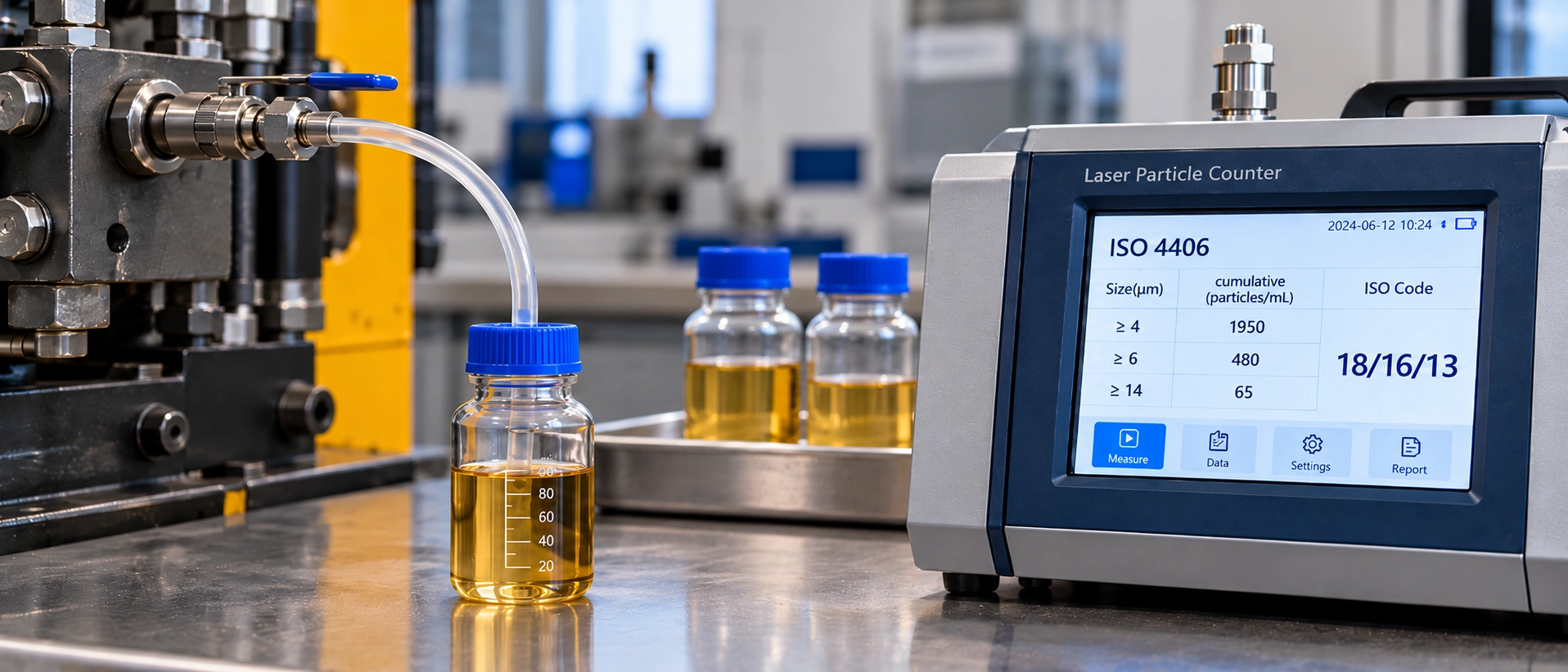 Laboratory hydraulic fluid sampling bottle and optical particle counter for ISO 4406 cleanliness verification Laboratory hydraulic fluid sampling bottle and optical particle counter for ISO 4406 cleanliness verification