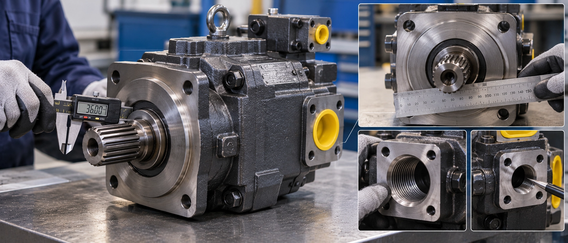 Technical inspection of an OEM replacement hydraulic axial piston pump shaft, flange mounting, and port connections Technical inspection of an OEM replacement hydraulic axial piston pump shaft, flange mounting, and port connections