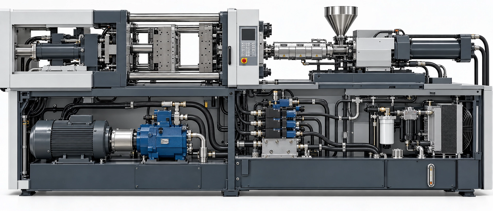 Bosch Rexroth A10VSO variable displacement axial piston pump integrated into industrial injection molding hydraulic machine circuit Bosch Rexroth A10VSO variable displacement axial piston pump integrated into industrial injection molding hydraulic machine circuit