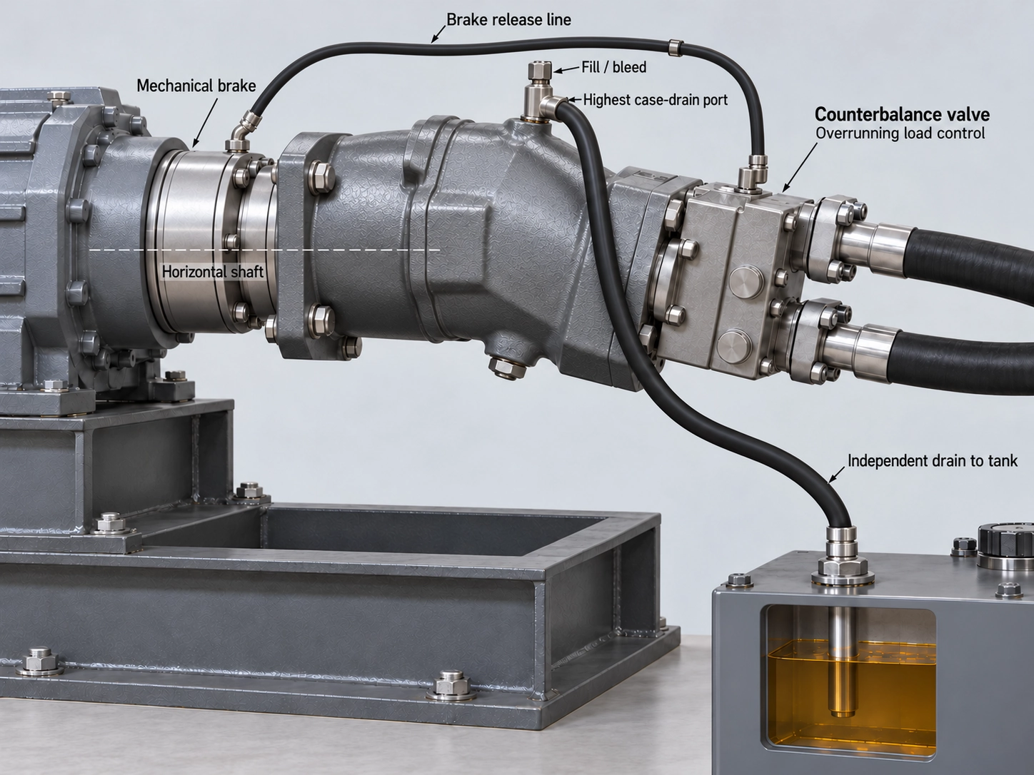 A2FM hydraulic motor installation orientation, case-drain port routing, and counterbalance valve assembly for overrunning load control