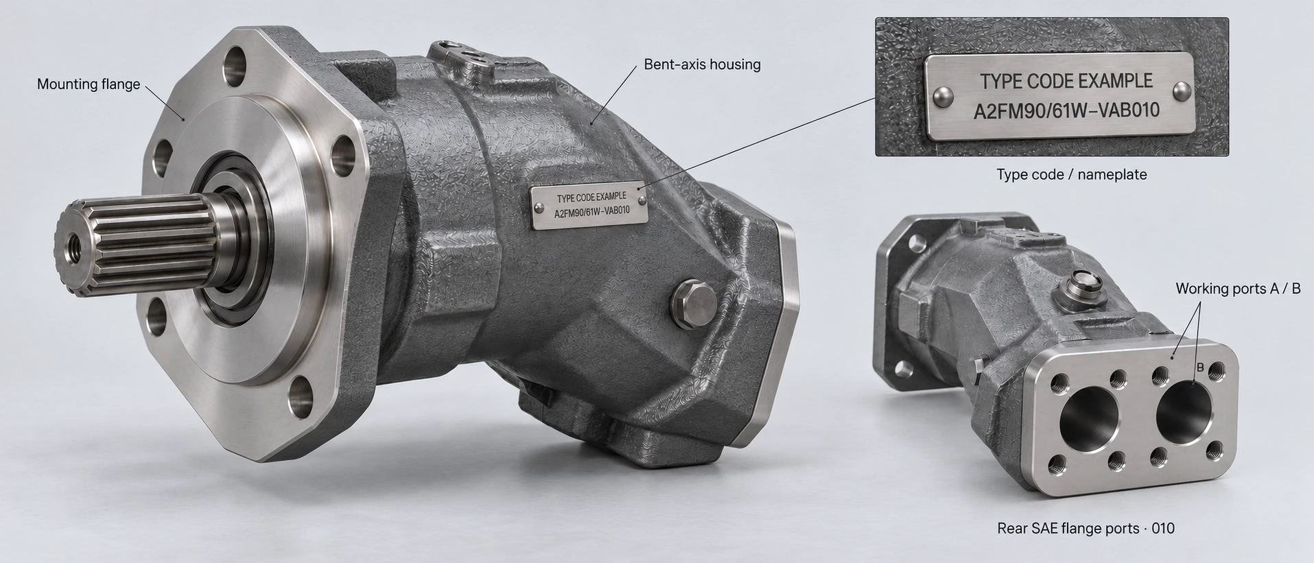 A2FM fixed displacement axial piston motor type code nameplate, bent-axis housing, mounting flange, and working port configuration A2FM fixed displacement axial piston motor type code nameplate, bent-axis housing, mounting flange, and working port configuration